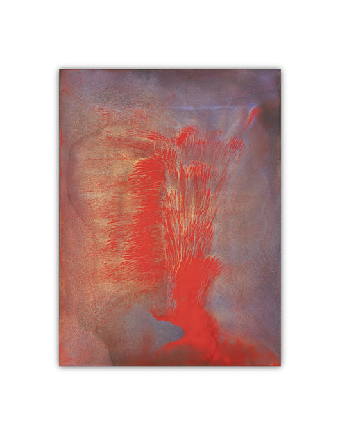 30"x40" painting with vibrant reds, golds, and aubergine, capturing the explosive energy of a volcano.