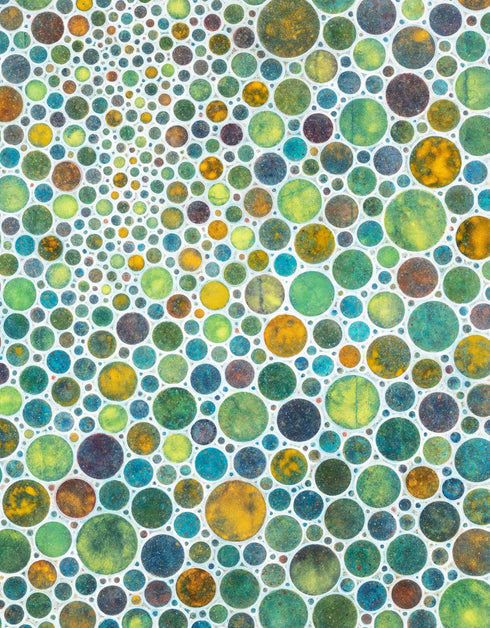 Mesmerizing painting with earth tones, lime, rust, and gold, featuring intricate white circles and whimsical energy.