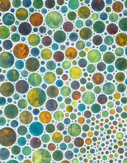 Mesmerizing painting with earth tones, lime, rust, and gold, featuring intricate white circles and whimsical energy.