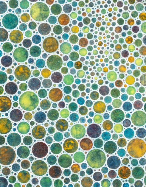 Mesmerizing painting with earth tones, lime, rust, and gold, featuring intricate white circles and whimsical energy.