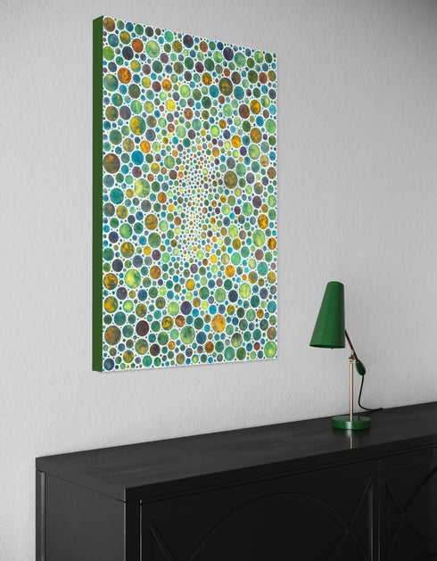 Mesmerizing painting with earth tones, lime, rust, and gold, featuring intricate white circles and whimsical energy.