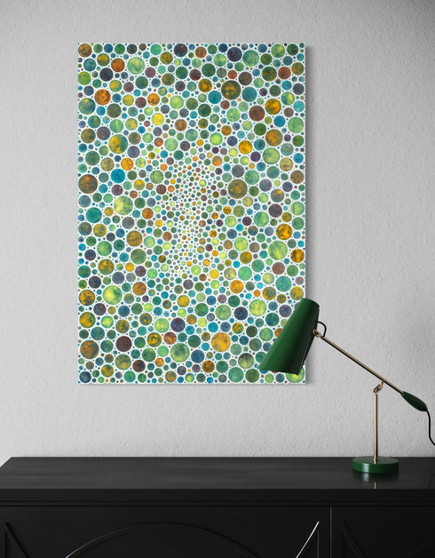 Mesmerizing painting with earth tones, lime, rust, and gold, featuring intricate white circles and whimsical energy.