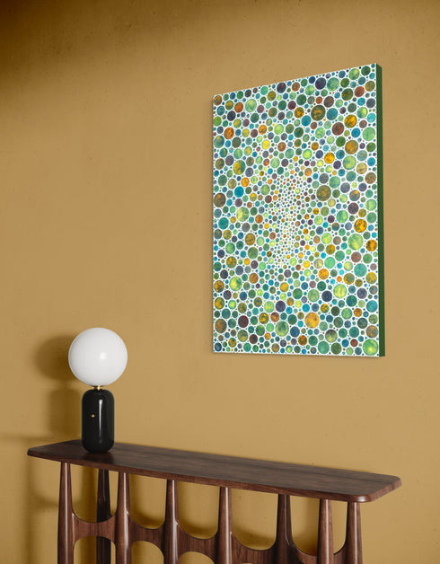Mesmerizing painting with earth tones, lime, rust, and gold, featuring intricate white circles and whimsical energy.