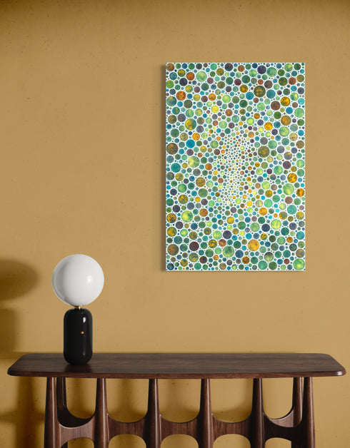 Mesmerizing painting with earth tones, lime, rust, and gold, featuring intricate white circles and whimsical energy.