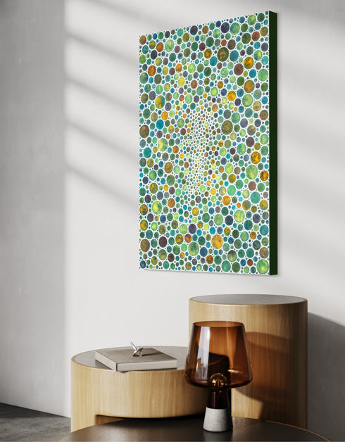 Mesmerizing painting with earth tones, lime, rust, and gold, featuring intricate white circles and whimsical energy.