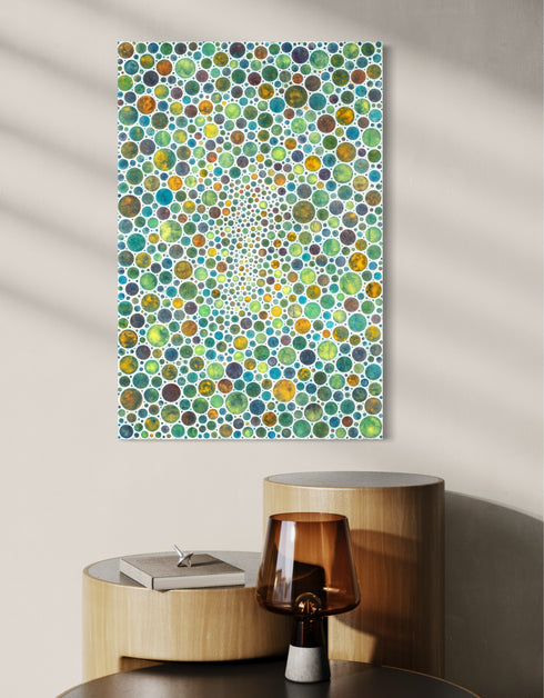 Mesmerizing painting with earth tones, lime, rust, and gold, featuring intricate white circles and whimsical energy.