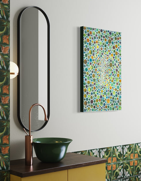 Mesmerizing painting with earth tones, lime, rust, and gold, featuring intricate white circles and whimsical energy.