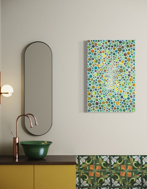 Mesmerizing painting with earth tones, lime, rust, and gold, featuring intricate white circles and whimsical energy.