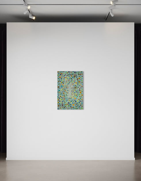 Mesmerizing painting with earth tones, lime, rust, and gold, featuring intricate white circles and whimsical energy.