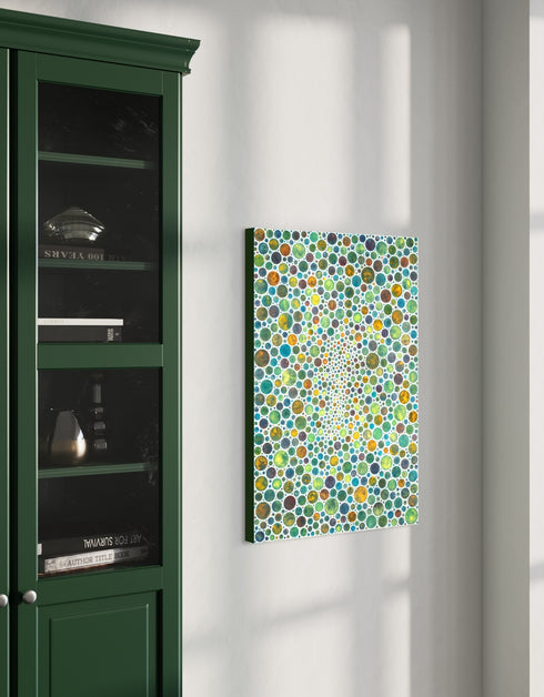 Mesmerizing painting with earth tones, lime, rust, and gold, featuring intricate white circles and whimsical energy.