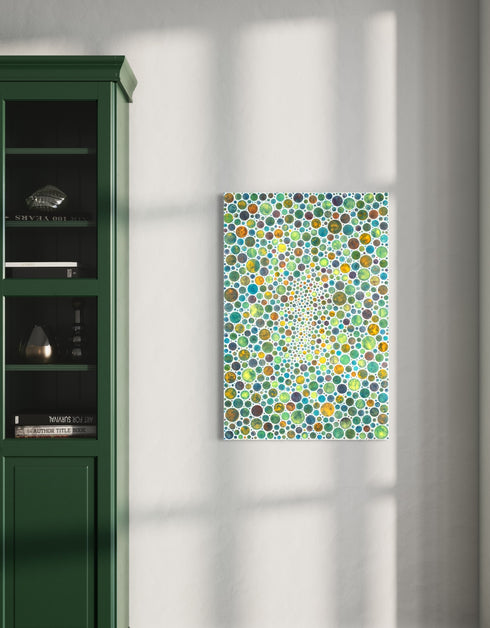 Mesmerizing painting with earth tones, lime, rust, and gold, featuring intricate white circles and whimsical energy.