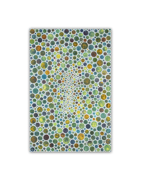 Mesmerizing painting with earth tones, lime, rust, and gold, featuring intricate white circles and whimsical energy.