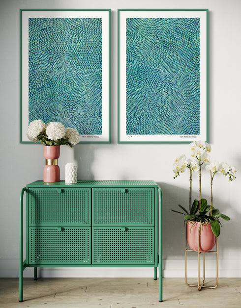 White Scales is a Limited Edition Print by Seth B. Minkin, with detailed white lines and scales, reflecting sophisticated and whimsical design.