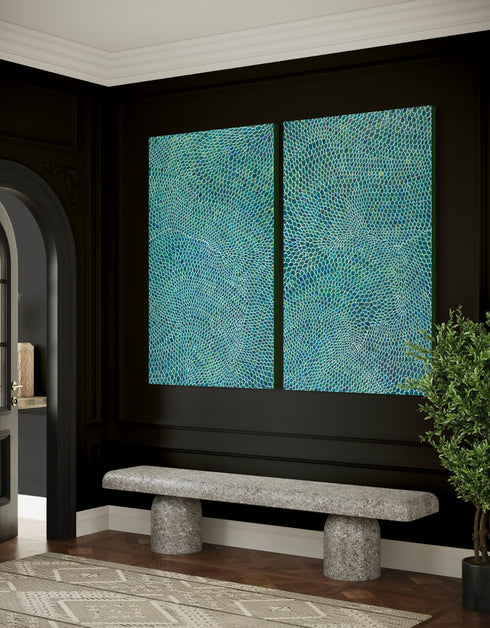 Diptych with intricate white lines and scales, offering a sophisticated and whimsical visual rhythm.