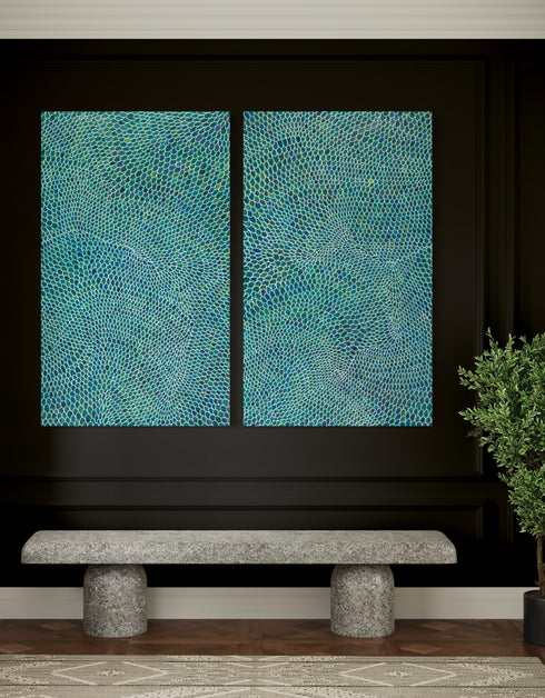 Diptych with intricate white lines and scales, offering a sophisticated and whimsical visual rhythm.