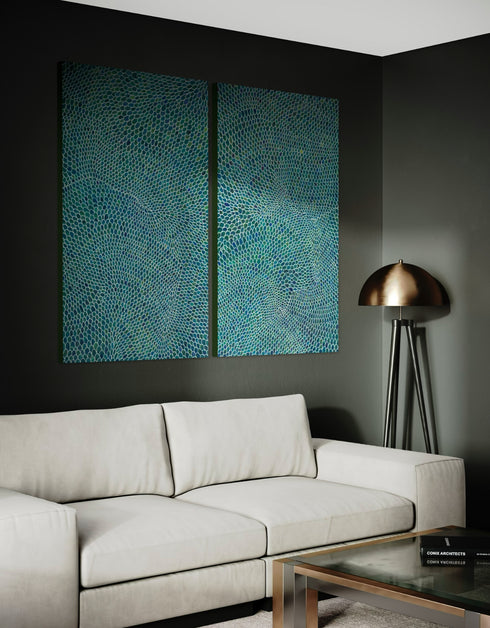 Diptych with intricate white lines and scales, offering a sophisticated and whimsical visual rhythm.
