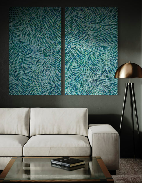 Diptych with intricate white lines and scales, offering a sophisticated and whimsical visual rhythm.