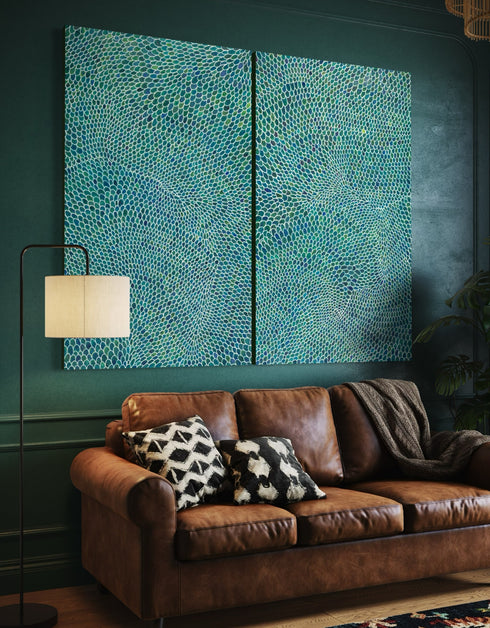 Diptych with intricate white lines and scales, offering a sophisticated and whimsical visual rhythm.