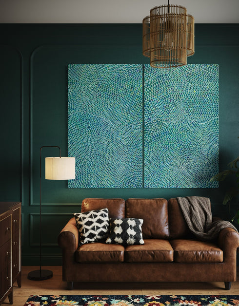 Diptych with intricate white lines and scales, offering a sophisticated and whimsical visual rhythm.