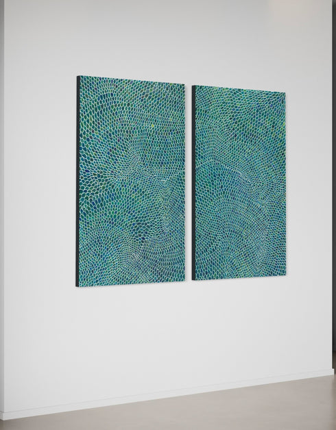 Diptych with intricate white lines and scales, offering a sophisticated and whimsical visual rhythm.
