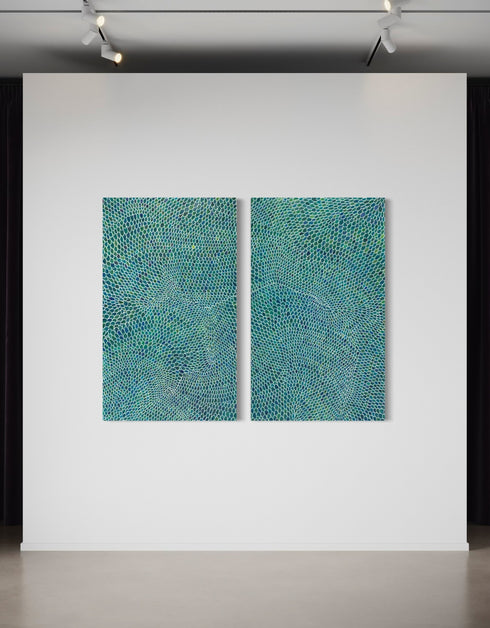Diptych with intricate white lines and scales, offering a sophisticated and whimsical visual rhythm.