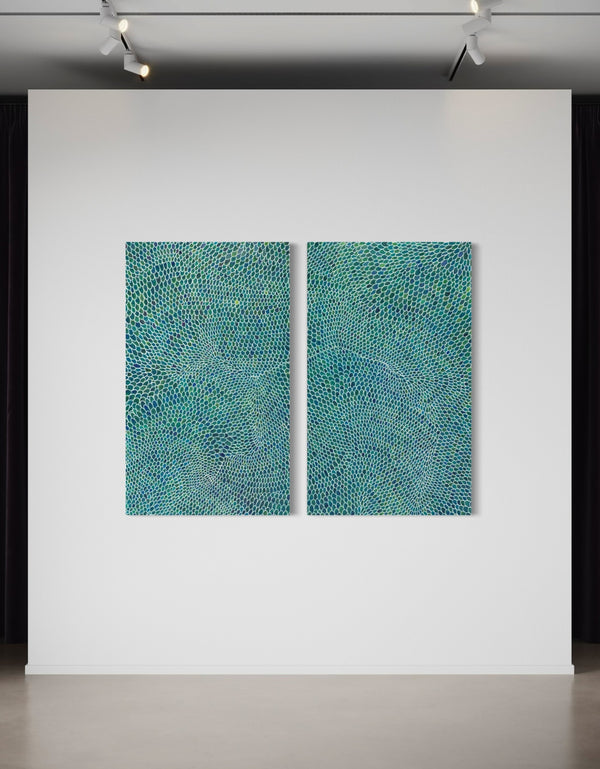 Diptych with intricate white lines and scales, offering a sophisticated and whimsical visual rhythm.