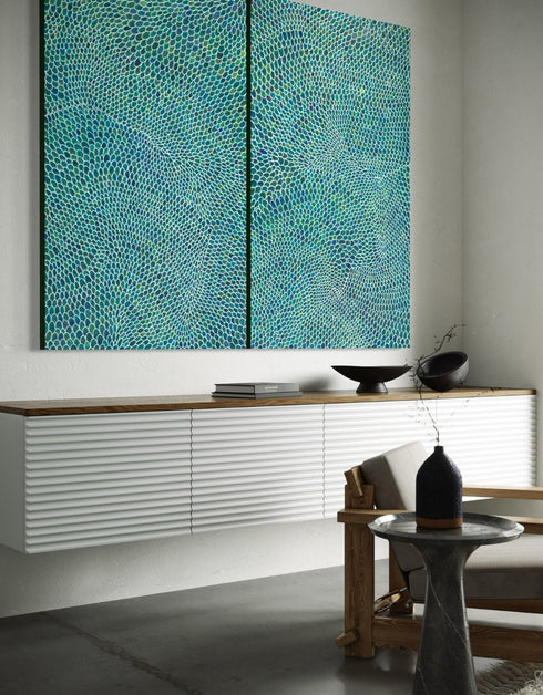 Diptych with intricate white lines and scales, offering a sophisticated and whimsical visual rhythm.