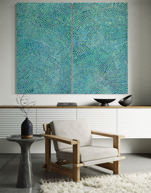 Diptych with intricate white lines and scales, offering a sophisticated and whimsical visual rhythm.