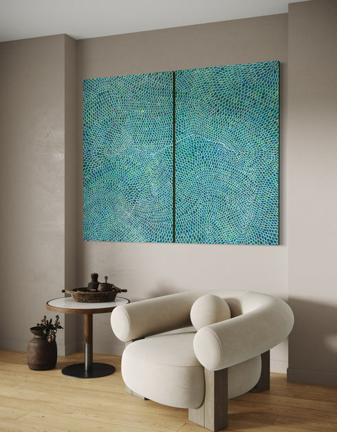 Diptych with intricate white lines and scales, offering a sophisticated and whimsical visual rhythm.