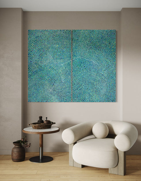Diptych with intricate white lines and scales, offering a sophisticated and whimsical visual rhythm.