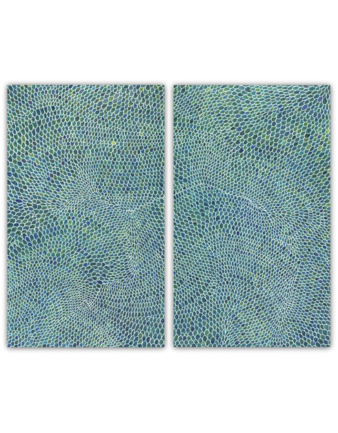 Diptych with intricate white lines and scales, offering a sophisticated and whimsical visual rhythm.