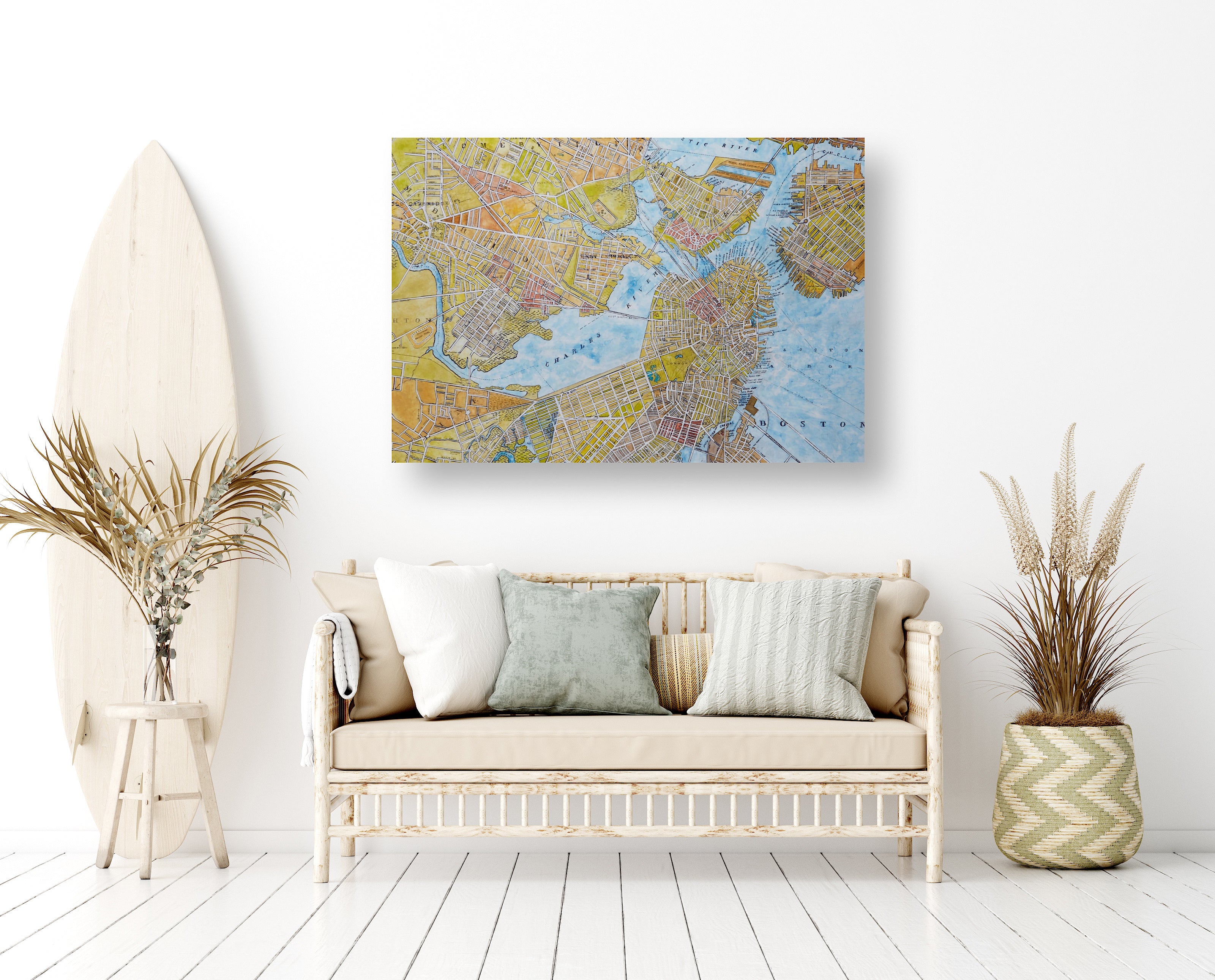 This scene shows an oil on canvas original painting entitled 'Boston Map' by seth b minkin
