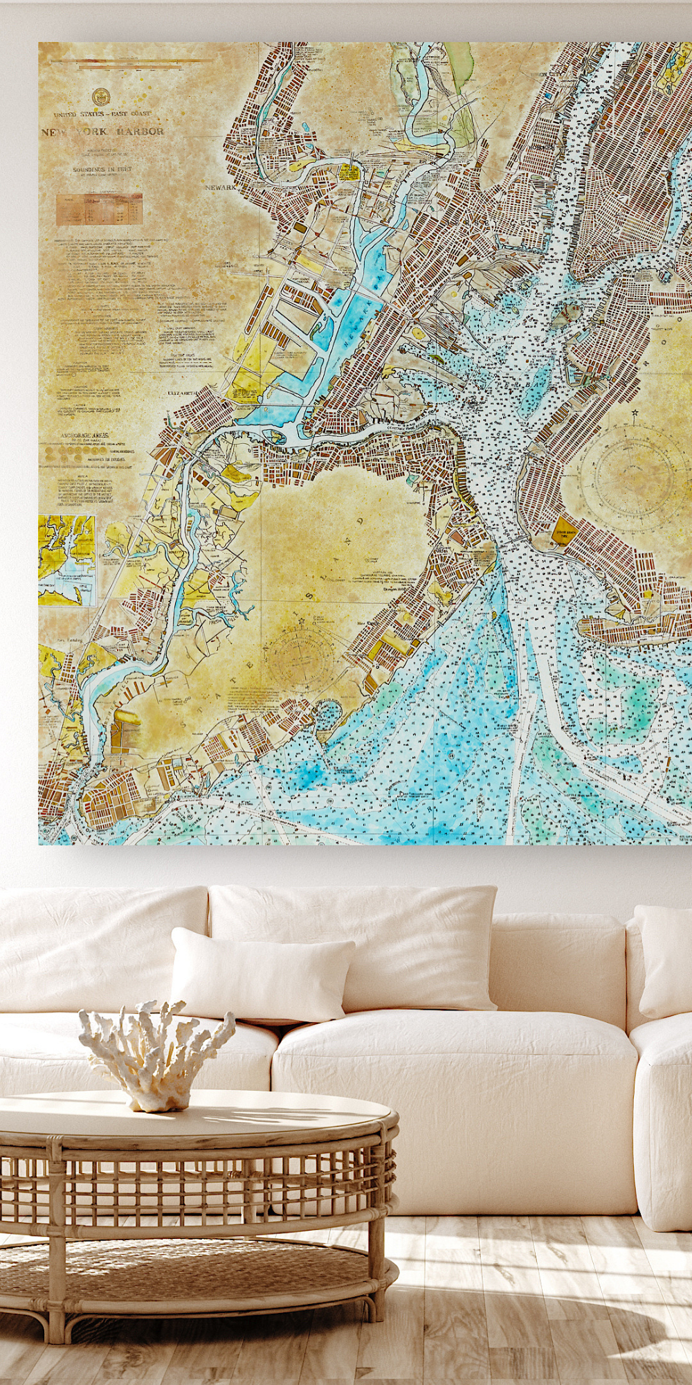 Shown: New York Harbor Nautical Chart, an oil on canvas original painting by seth b minkin