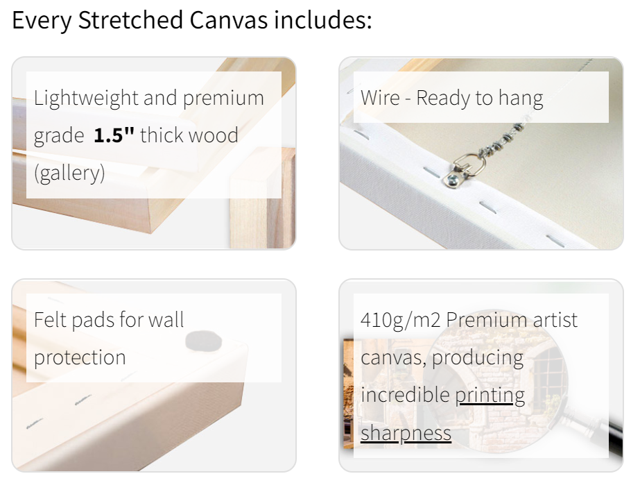 Our high quality canvases include premium wood framing, wire - ready to hang, felt pads for wall protection.