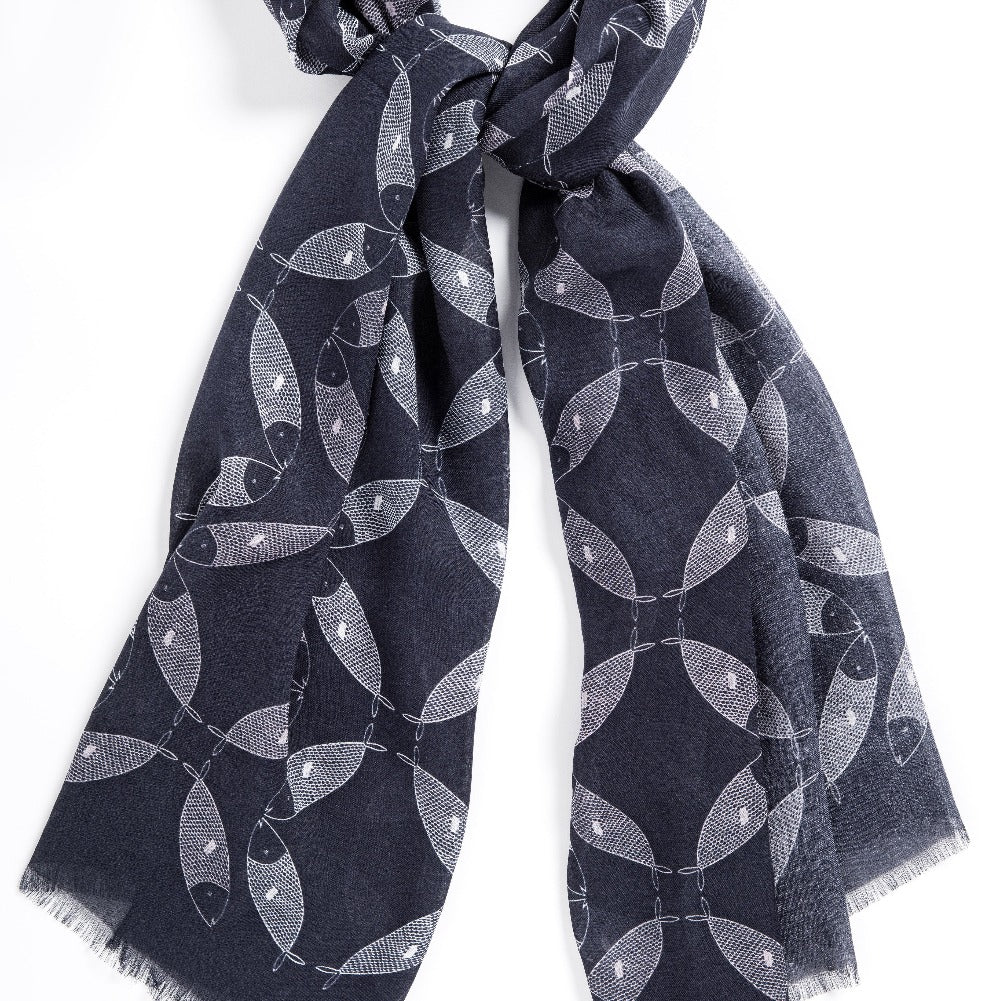 Indigo Sardines large oblong modal cashmere scarf by Seth B. Minkin